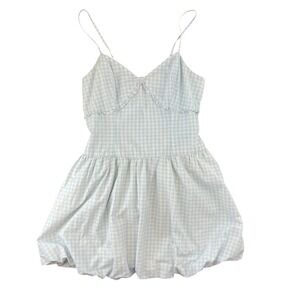 Gingham Mini Bubble Hem‎ Blue Graduation Dress Womens M Cottage Coquette Pastel
